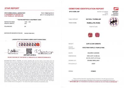 Certificate Pair of cushion-cut vivid pink African tourmalines 5.42 carats