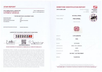 Certificate Pamir pink spinel in octagon cut 3.70 ct, Tajikistan