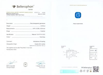 Certificate Royal Blue sapphire 4.51 carats in cushion cut, Sri Lanka
