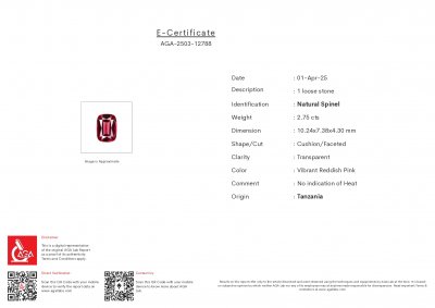 Certificate Spinel Mahenge Vibrant pink red cushion cut 2.75 carats, Tanzania  