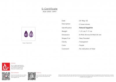 Certificate Pair of unheated purple sapphires pear cut 2.48 carats, Madagascar