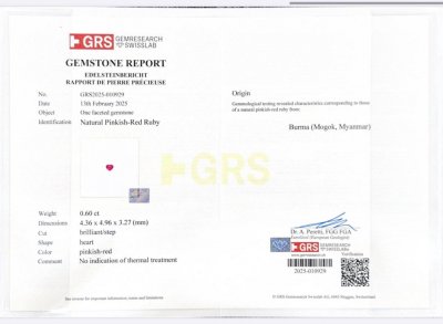 Certificate Unheated ruby heart shape 0.60 carats, Burma (Mogok) 