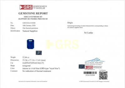 Certificate Unheated sapphire Royal Blue octagon cut 52.84 carats, Sri Lanka