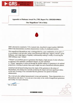 Certificate Investment unheated ruby 7.04 ct Vibrant Red - Pigeon's blood, Mozambique, GRS Platinum