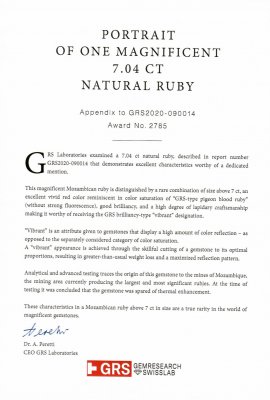 Certificate Investment unheated ruby 7.04 ct Vibrant Red - Pigeon's blood, Mozambique, GRS Platinum