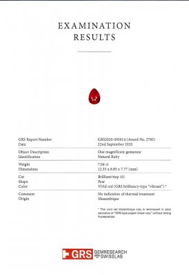 Certificate Investment unheated ruby 7.04 ct Vibrant Red - Pigeon's blood, Mozambique, GRS Platinum