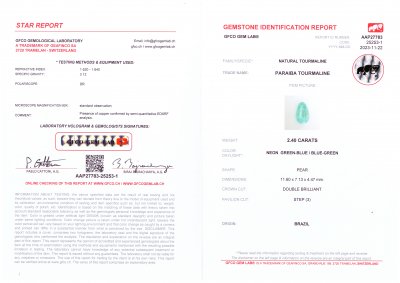 Certificate Neon Paraiba pear cut 2.40 carats, Mozambique