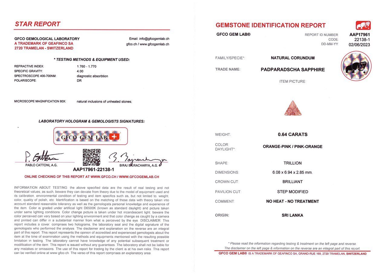 Unheated Padparadscha sapphire cut trillion 0.64 carats, Sri Lanka Image №4