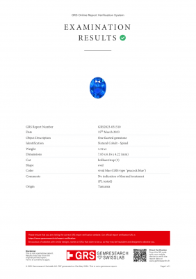 Certificate Unique GRS type Peacok blue cobalt spinel in oval cut 1.52 carats, Tanzania 