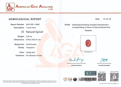 Certificate Spinel Mahenge Vivid orange-red oval cut 2.04 carats, Tanzania 