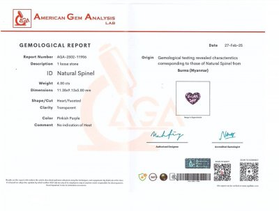 Certificate Purple spinel heart shape 4.00 carats, Burma