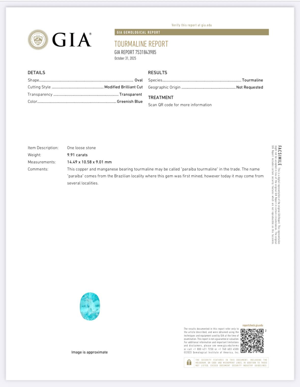 Neon Paraiba tourmaline greenish blue oval cut 9.91 carats, Mozambique Image №6