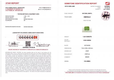 Certificate Intense emerald octagon shape 1.42 ct, Colombia