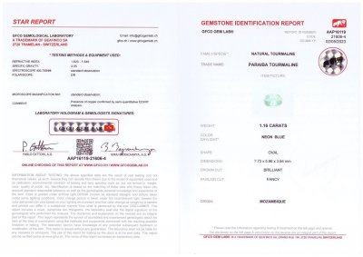 Certificate Blue tourmaline Paraiba in oval cut 1.16 ct, Mozambique