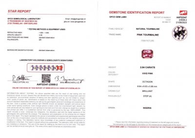 Certificate Intense pink rubellite tourmaline in octagon 2.84 ct