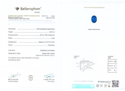 Certificate Royal Blue sapphire in oval cut 3.81 carats, Sri Lanka