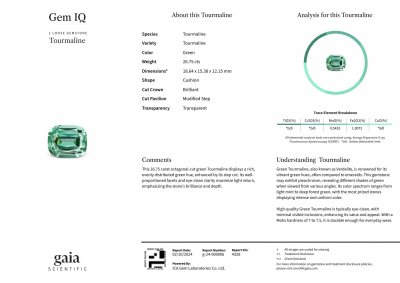 Certificate Lagoon blue tourmaline in cushion cut 26.75 carats, Afghanistan 