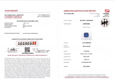 Certificate Royal Blue sapphire in cushion cut 1.27 carats, Sri Lanka