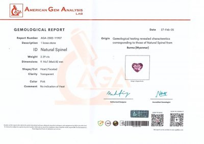 Certificate Spinel Vivid Pink heart shape 2.29 carats, Burma