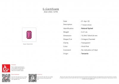 Certificate Spinel Mahenge Vibrant pink red octagon cut 3.61 carats, Tanzania