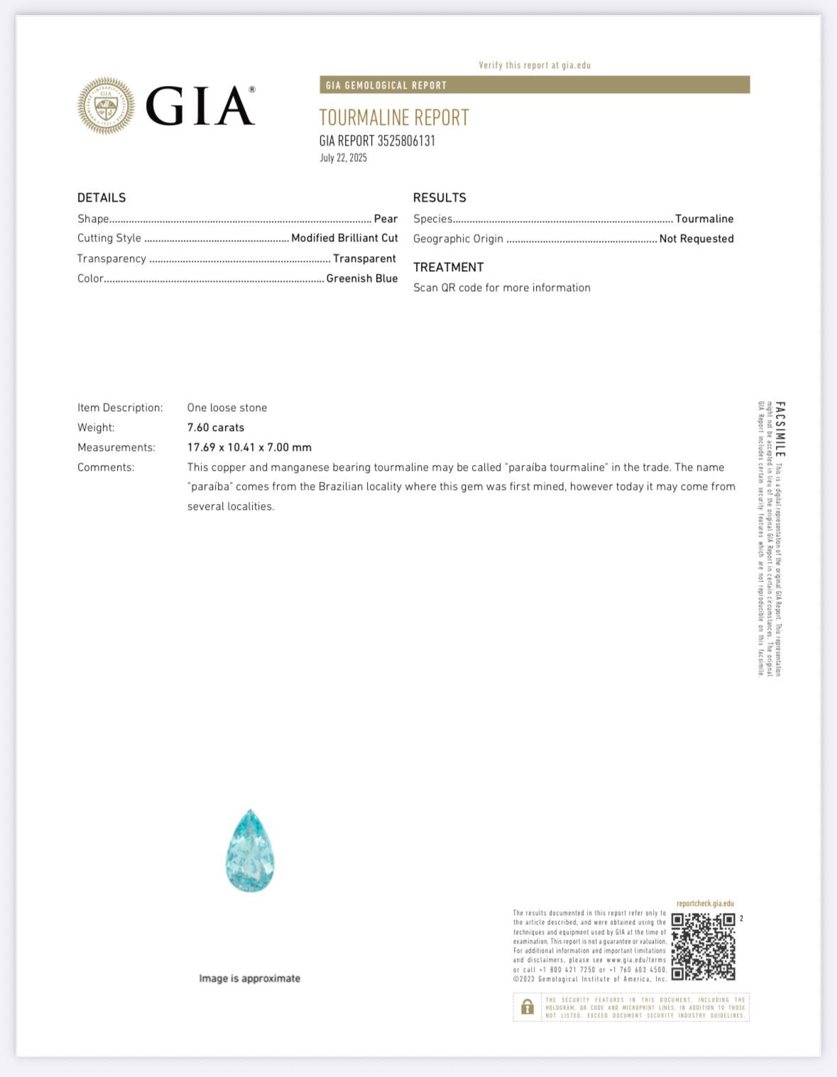 Neo Paraiba tourmaline greenish blue pear cut 7.60 carats, Mozambique Image №6