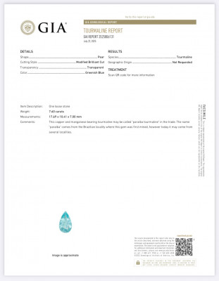 Certificate Neo Paraiba tourmaline greenish blue pear cut 7.60 carats, Mozambique