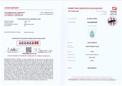 Certificate Contrasting pair of aquamarine and tourmaline pear cut 5.93 carats, Mozambique, Nigeria