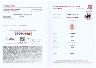 Certificate Contrasting pair of aquamarine and tourmaline pear cut 5.93 carats, Mozambique, Nigeria
