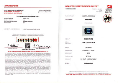 Certificate Unheated Teal sapphire octagon cut 1.03 carats,  Madagascar
