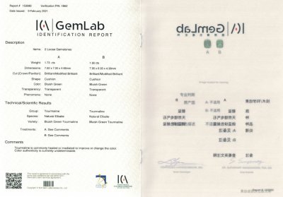 Certificate Pair of mint green tourmalines 3.33 ct, Afghanistan, ICA