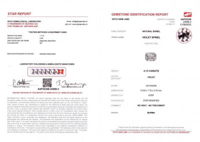 Certificate Ring with 4.13 ct lavender spinel and diamonds in 18K white gold