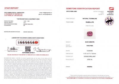 Certificate Intense pink rubellite 6.03 carats, Nigeria