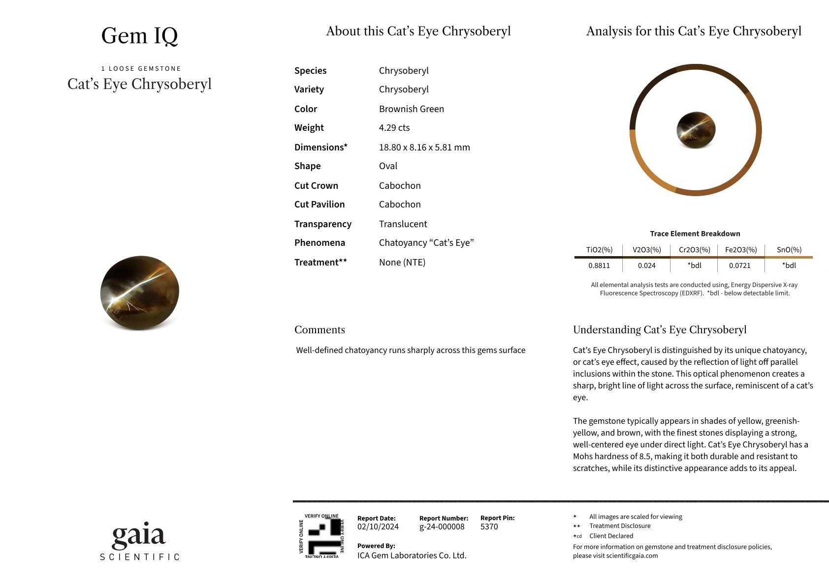 Cat's eye chrysoberyl in cabochon cut 4.29 carats, Sri Lanka Image №6