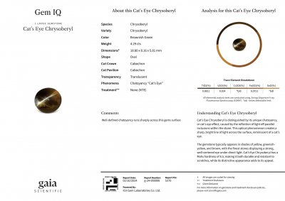 Certificate Cat's eye chrysoberyl in cabochon cut 4.29 carats, Sri Lanka