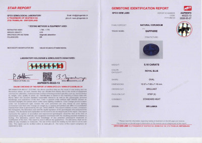Certificate Royal Blue sapphire in oval cut  5.10 carats, Sri Lanka