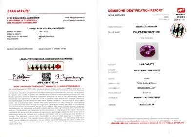 Certificate Unheated violet pink sapphire oval cut 1.64 carats, Madagascar