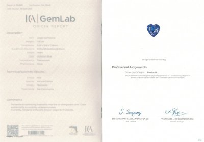 Certificate Heart cut tanzanite 7.55 ct