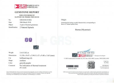 Certificate Pair of purple-grey cushion cut spinels 10.43 ct, Burma, GRS