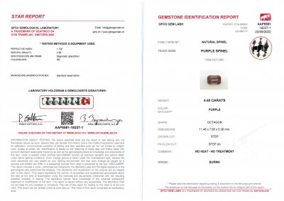 Certificate Purple gray octagon cut spinel 4.45 ct, Burma