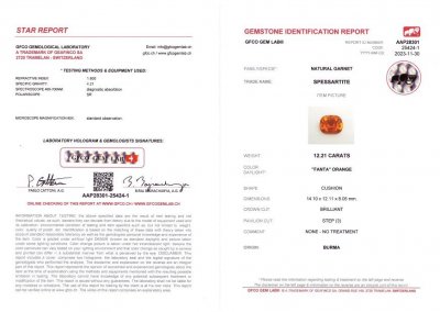 Certificate Vivid orange cushion cut spessartine 12.21 ct, Burma