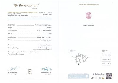 Certificate Rare Padparadscha sapphire 4.03 carats in oval cut, Madagascar
