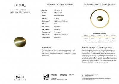 Certificate Cat's eye chrysoberyl in cabochon cut 7.74 carats, Sri Lanka