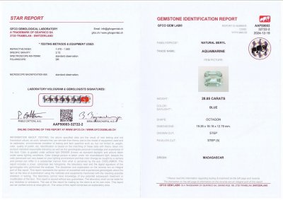 Certificate Large blue aquamarine in octagon cut 28.85 carats, Africa