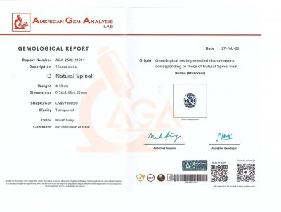 Certificate Grey spinel oval cut 4.18 carats, Burma