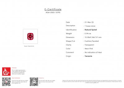 Certificate Spinel  Mahenge Vibrant pink red cushion cut 5.94 carats, Tanzania