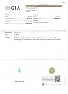 Certificate Paraiba tourmaline in a rare cut marquise 1.73 ct, Mozambique, GIA
