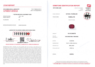 Certificate Bright large rubellite 15.15 carats from Nigeria