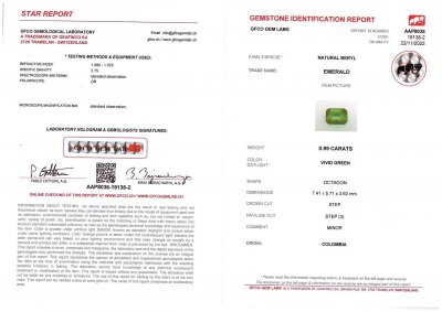 Certificate Colombian Vivid Green emerald octagon cut 0.99 ct