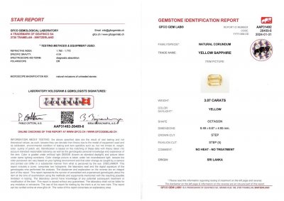 Certificate Unheated yellow octagon cut sapphire 3.07 carats, Sri Lanka