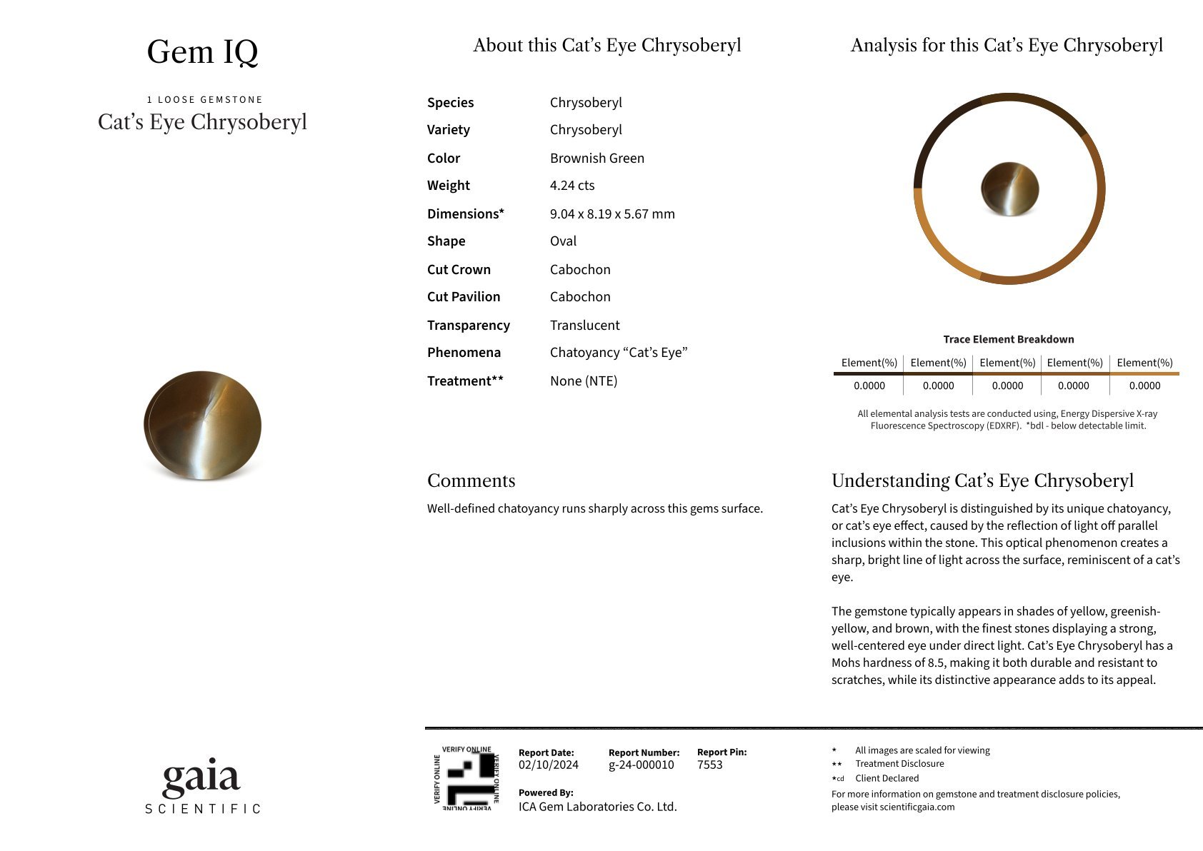 Cat's eye chrysoberyl in cabochon cut 4.24 carats, Sri Lanka Image №6